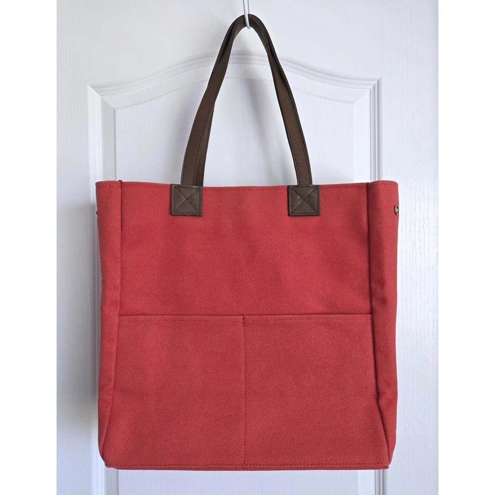 Restoration Hardware Red Canvas Tote Bag Brown Straps Pockets Metal Feet